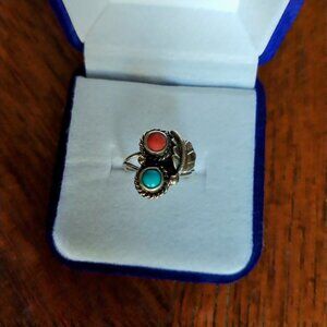 Vintage Southwestern Navajo Turquoise Coral Feather Ring Size 5